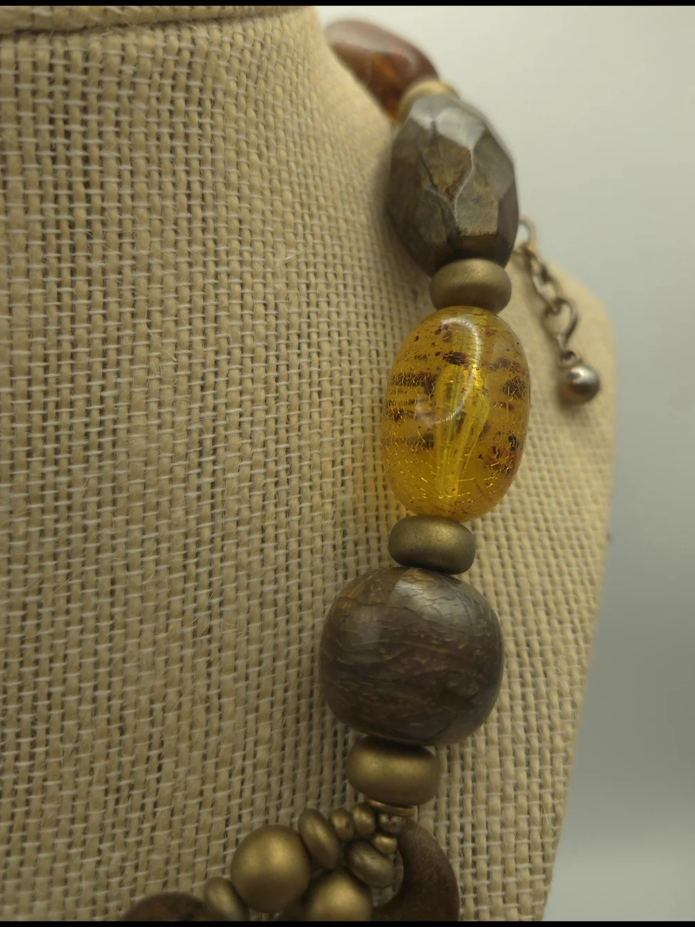 Chico's Multi-Media Bead Amber Brass Disc Brown Layered Necklace Rustic Boho Art